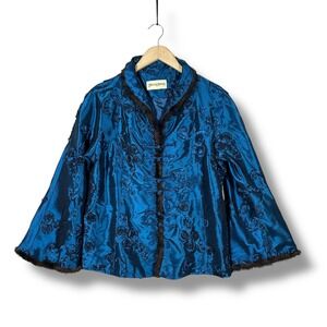 Y2K Helen Ainson Blue Brocade Mandarin Collar Jacket Fur Trimmed Women M Boho